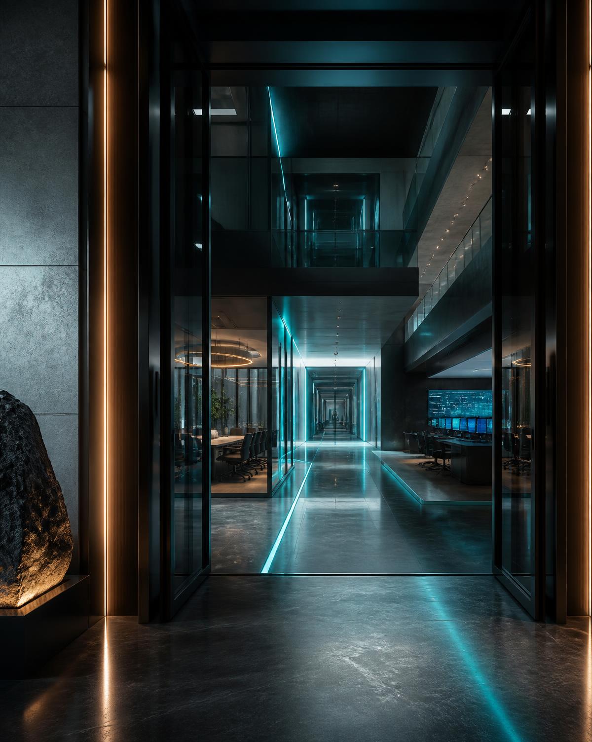 The entrance to a living 3D business headquarters with connected rooms and illuminated hallways